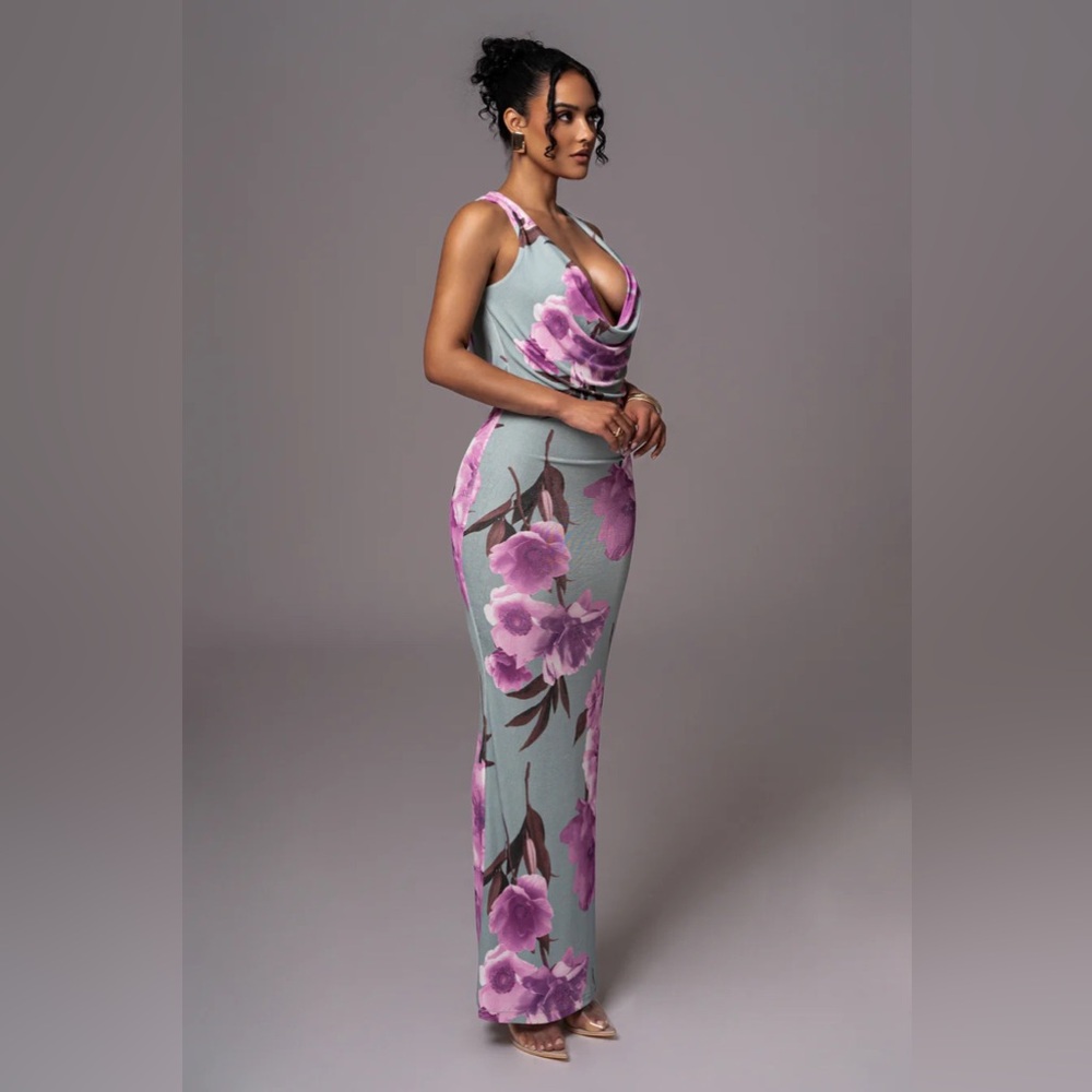 JLUXLABEL Sage Floral Slinky Highlights Cowl Neck Maxi Dress - Picture 4 of 8